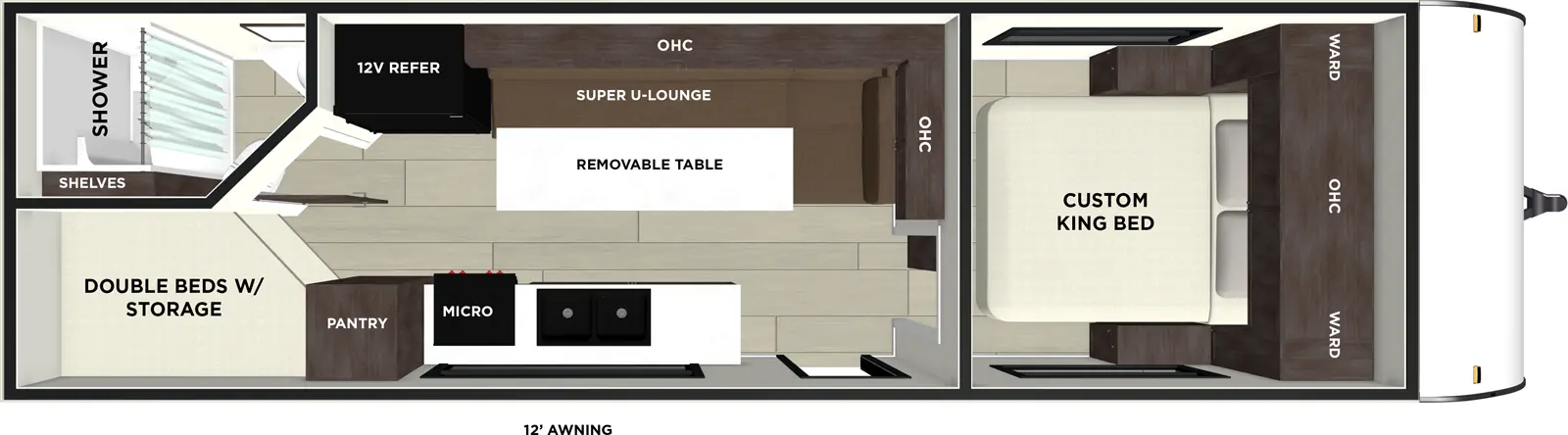 The 266BHLE has zero slideouts and one entry. Exterior features an awning. Interior layout front to back: foot-facing king bed with overhead cabinet and wardrobes on each side; off-door side super u-lounge with removable table, and refrigerator; door side entry, kitchen counter with sink and cooktop, overhead cabinet with microwave, and pantry; off-door side rear full bathroom with shelves and medicine cabinet; rear door side double beds with storage.
